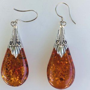 Vintage Genuine Baltic Amber 925 Sterling Silver Teardrop Dangling Earrings